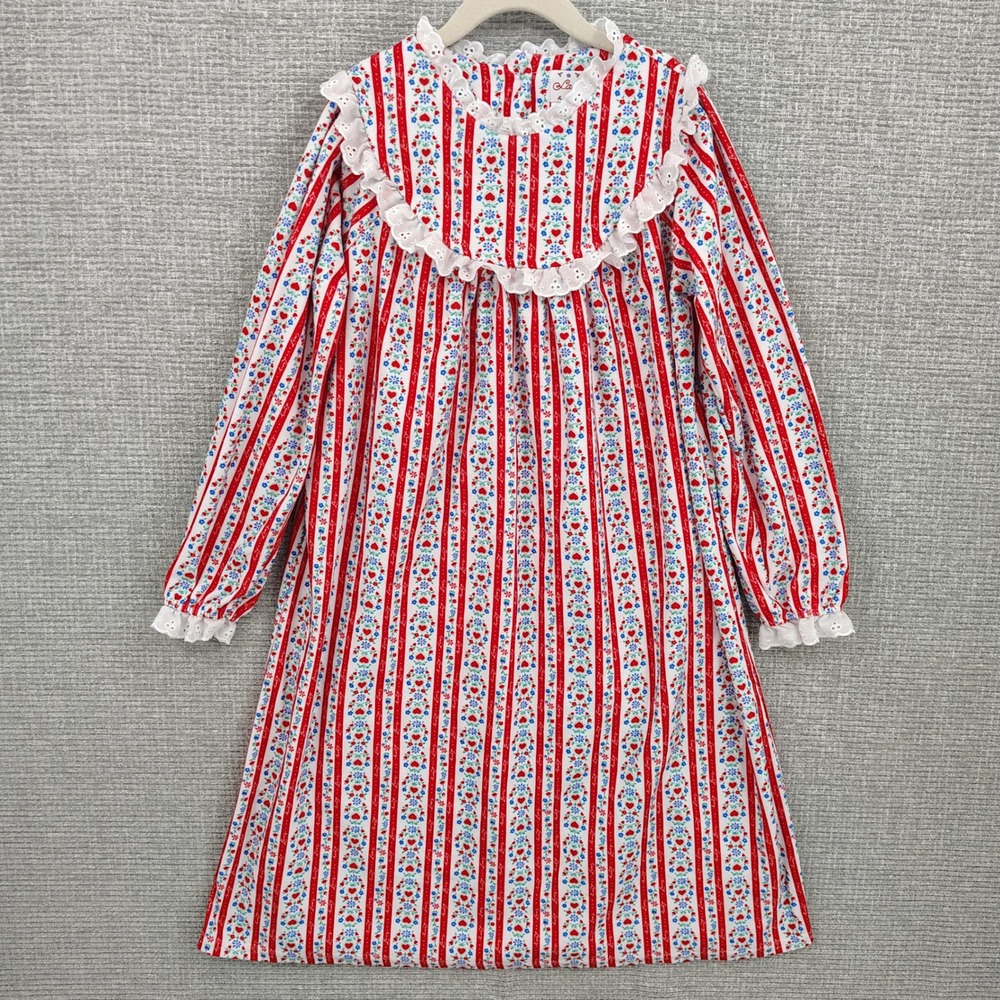 Lanz Kids Nightgown Pj Sleep Shirt Flannel Long Sleeve Red‎ Stripe Floral Sz 6/7